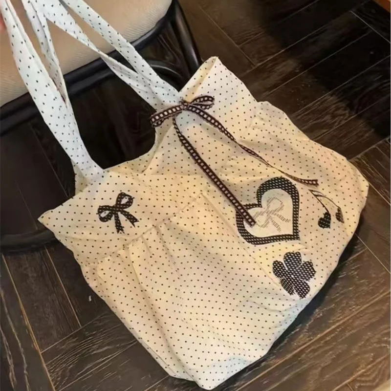 Borsa a Tracolla Coreana a Pois con Design a Fiocco e Cuore, Borsa da Donna alla Moda per il Lavoro, Borsa a Mano Retrò con Chiusura Magnetica a Contrasto - immagine 2