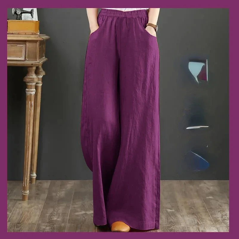 Pure Linen Plus Size Women's Long Pants Wide Leg Pants Elastic Waist Cotton and Linen Spring Summer Korean Retro Fashion Leisure