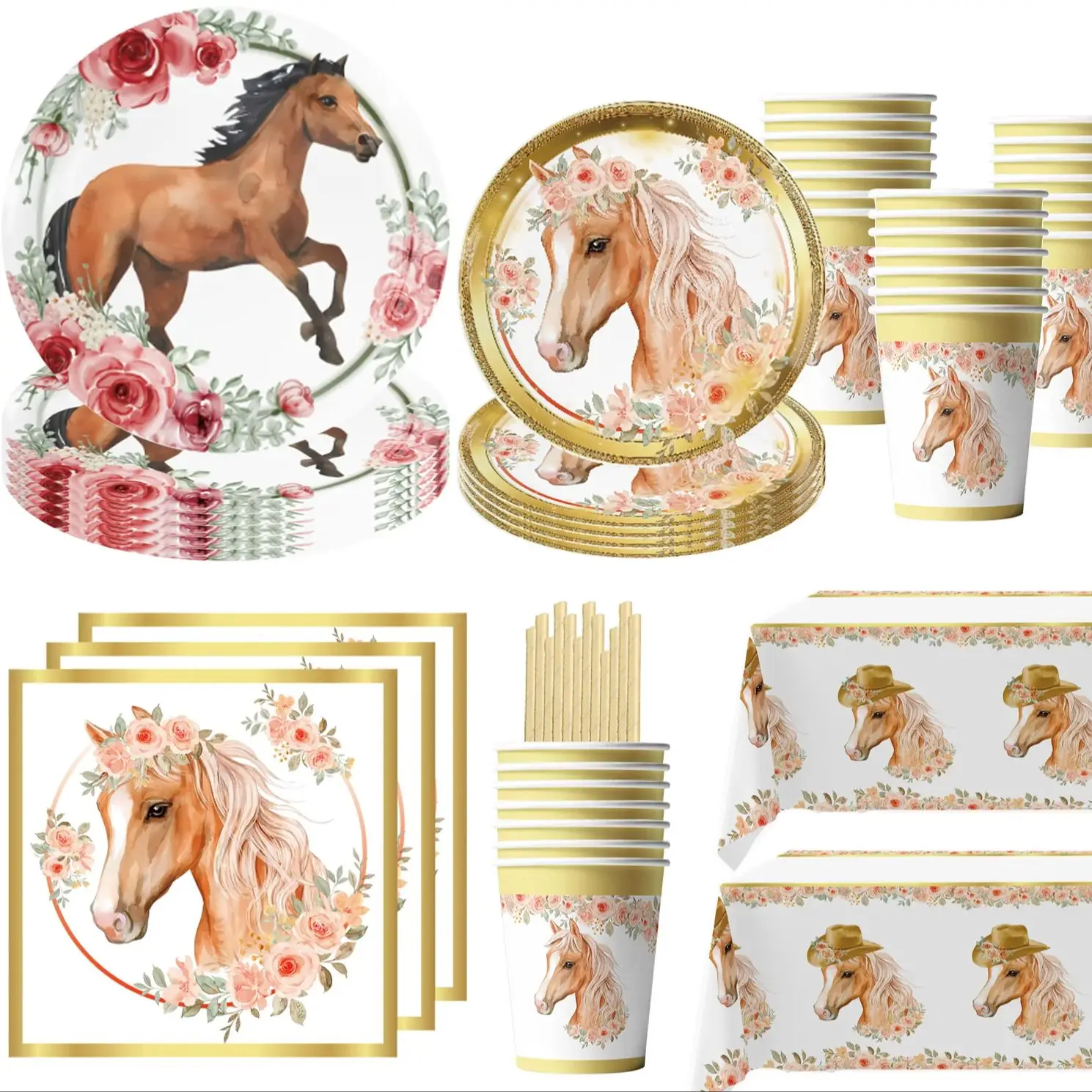 Tier Pferd Kinder Thema Geburtstags feier Blume dekorative Pappbecher Teller Servietten Tischdecke Einweg Party liefert – Detail 1