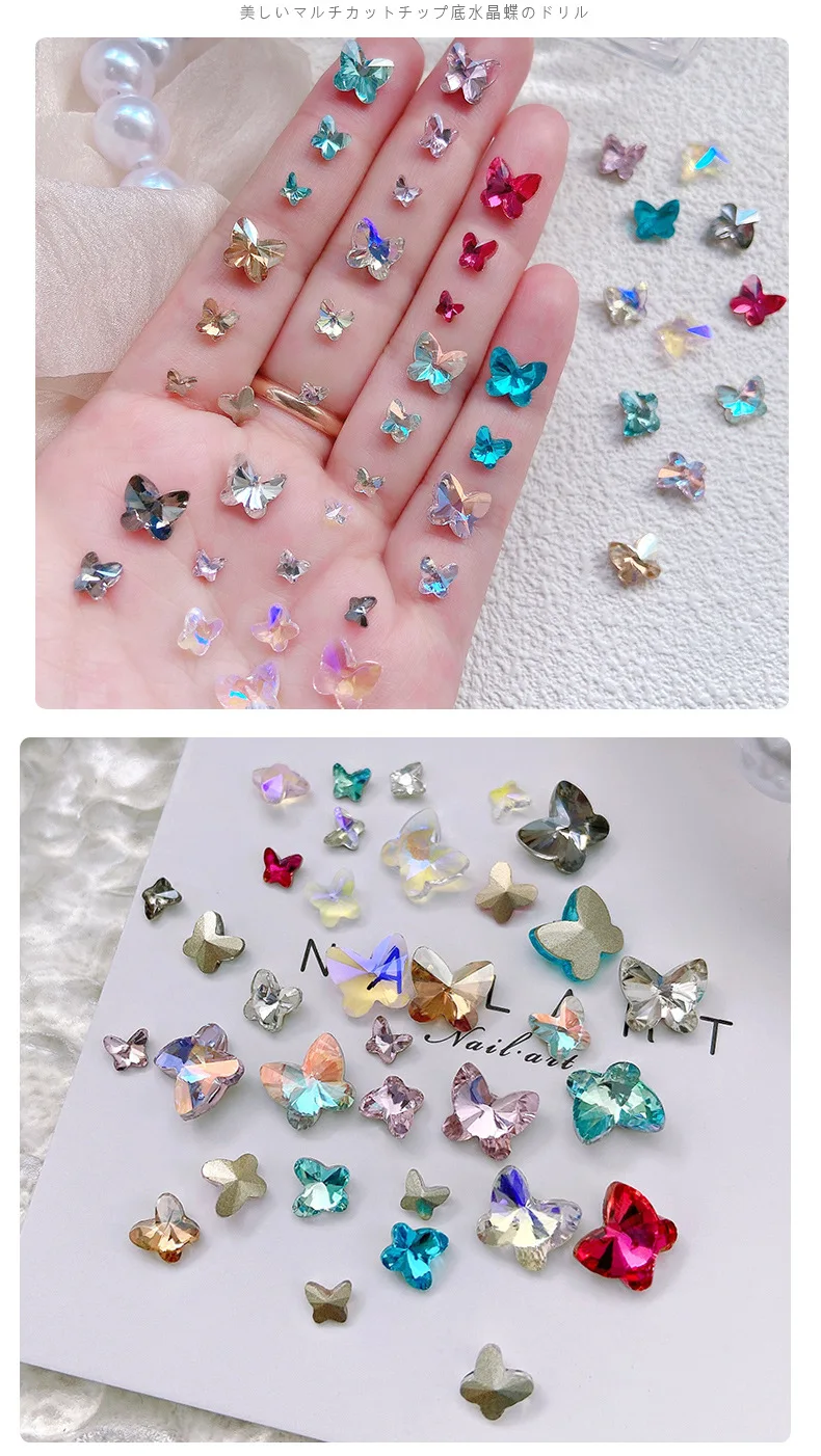 30PCS Various Sizes Super Sparkling Colorful Sharp Bottom Crystal Butterfly Nail Art Rhinestones Decorations Manicure Ornaments