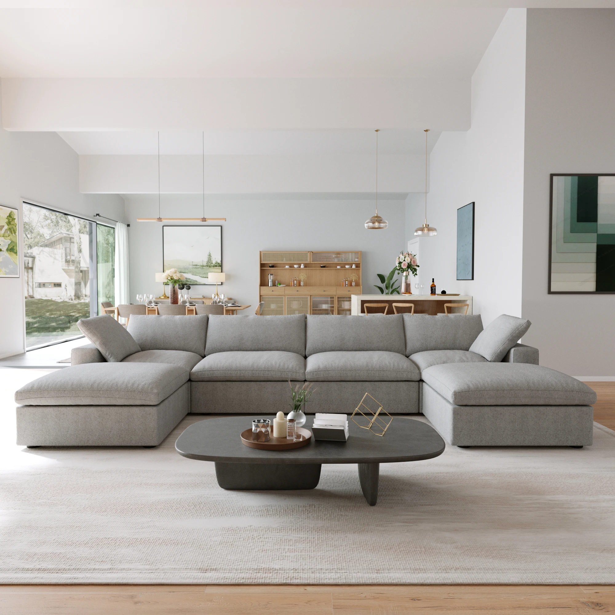 Modular Convertible Cloud Couch 6-Seats U-Shaped Couches Comfy Down Filled Sectional Sofa With Ottomans Removable Cushion Covers