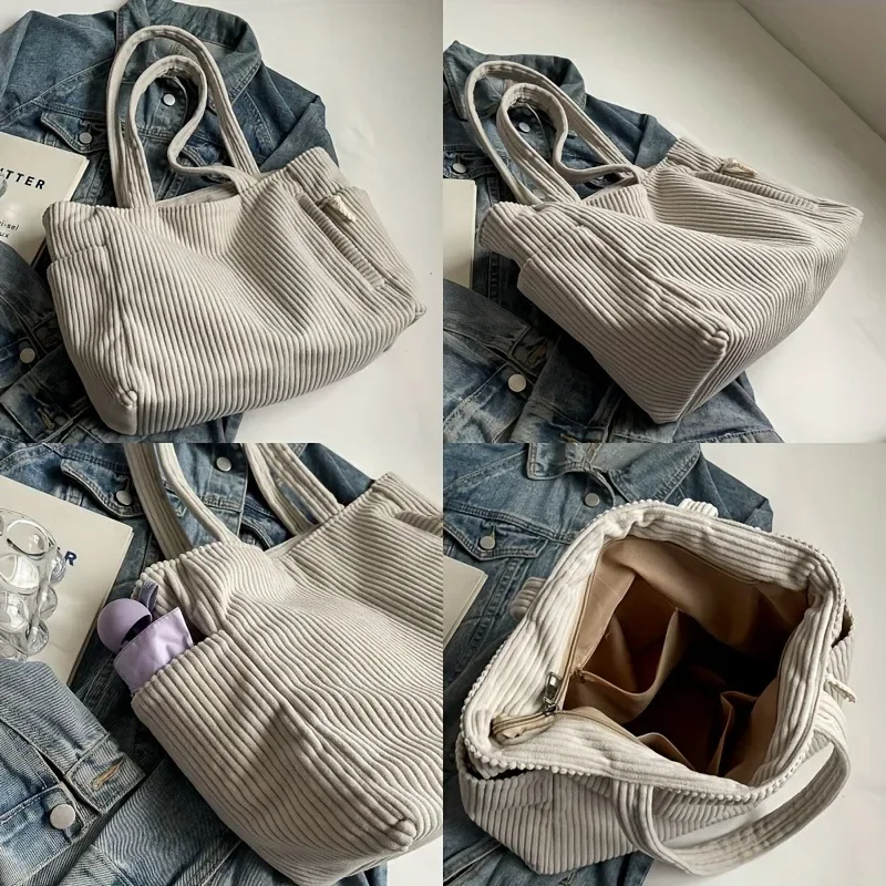 Casual Corduroy Handbag with Zipper Closure Light and Large Capacity Fixed Shoulder Strap Solid Color Daily Commuter Handbag