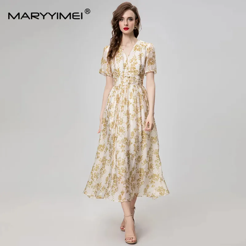 

MARYYIMEI Fashion Design Spring Summer women's V-Neck Short-Sleeved Button Folds Beach Style Vacation Big Swing Dresses