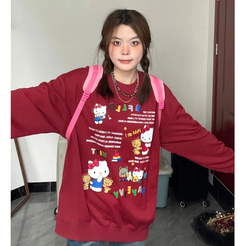 

MINISO Sanrio Hello Kitty Printing Hoodie Women's Model Little Man Retro Lazy Style Jacket Keep Warm Beauty Kawaii Fashion Gift