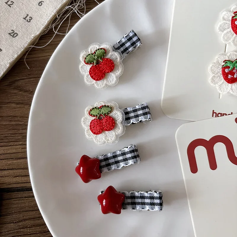 2pcs Girls Korean Red Heart Plaid Hairpins Strawberry Cherry Embroidery BB Clip Children Hair Clip Bangs Clip Hair Accessories