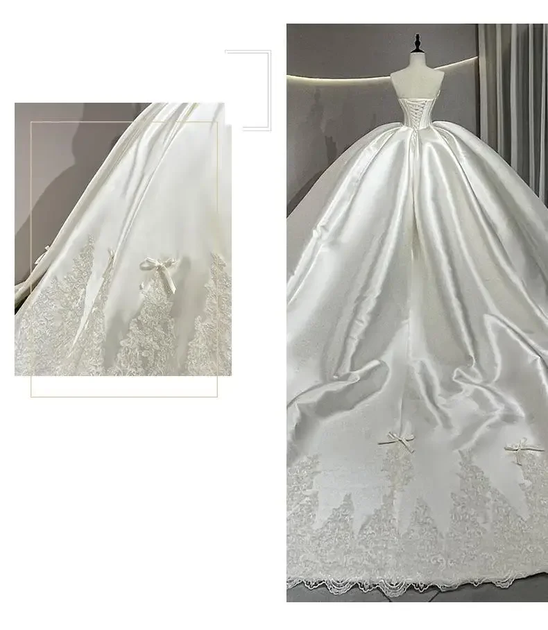 Customized White Strapless Satin Sleeveless Main Wedding Dress Bride Style Light Luxury Embroidery Trailing Veil Robe De Mariée