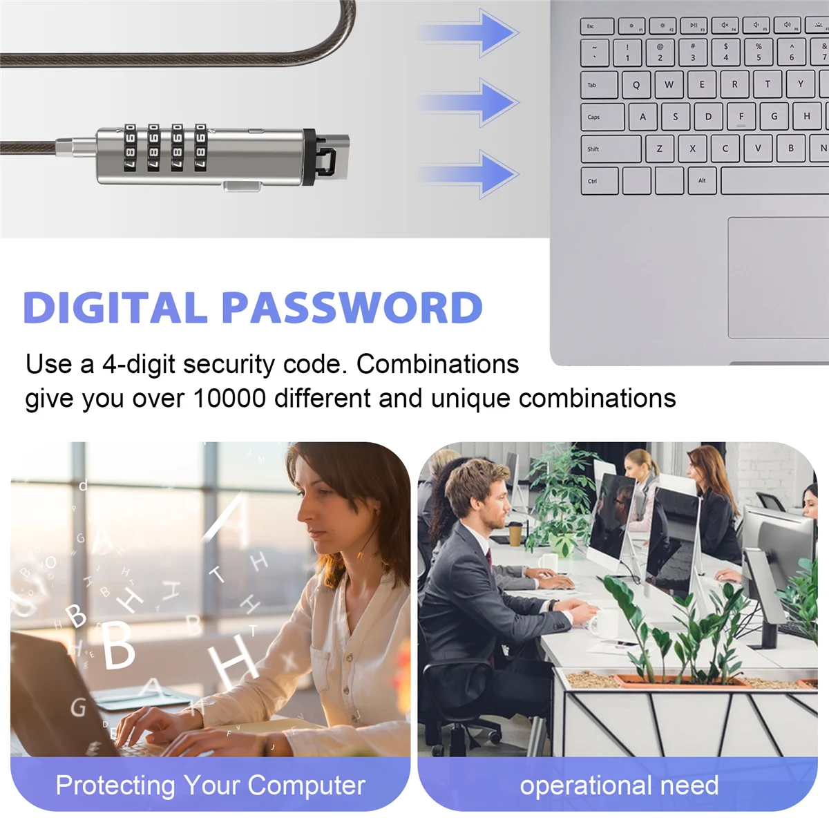 컴퓨터용 USB 노트북 보안 케이블 잠금 장치, 4 디지털 범용 잠금 장치
