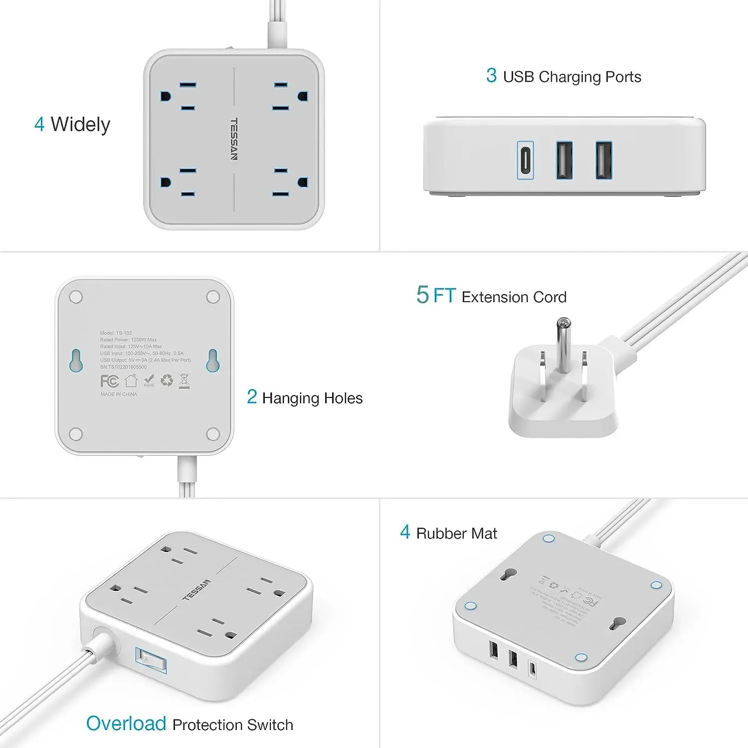 TESSAN ÷ ÷ Ƽ, AC ܼƮ 4 , USB Ʈ 2 , CŸ 1, 7  1  , 5ft ʹ ͽټ ڵ