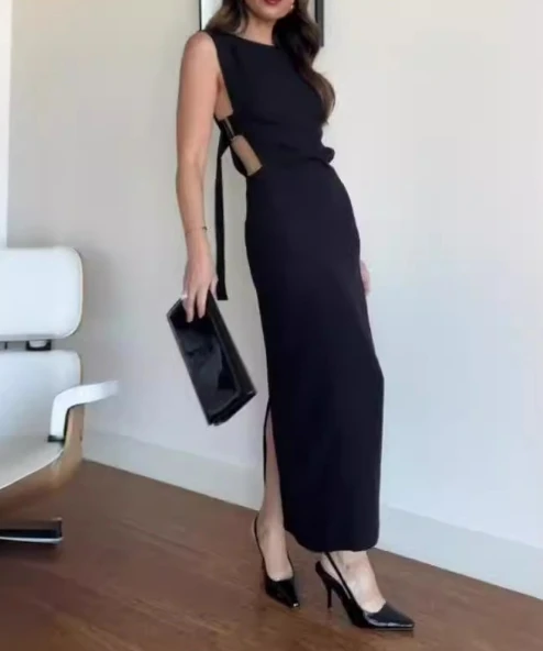 

Women's round neck sleeveless 2024 new solid color round neck sexy backless high seam spicy girl long dress