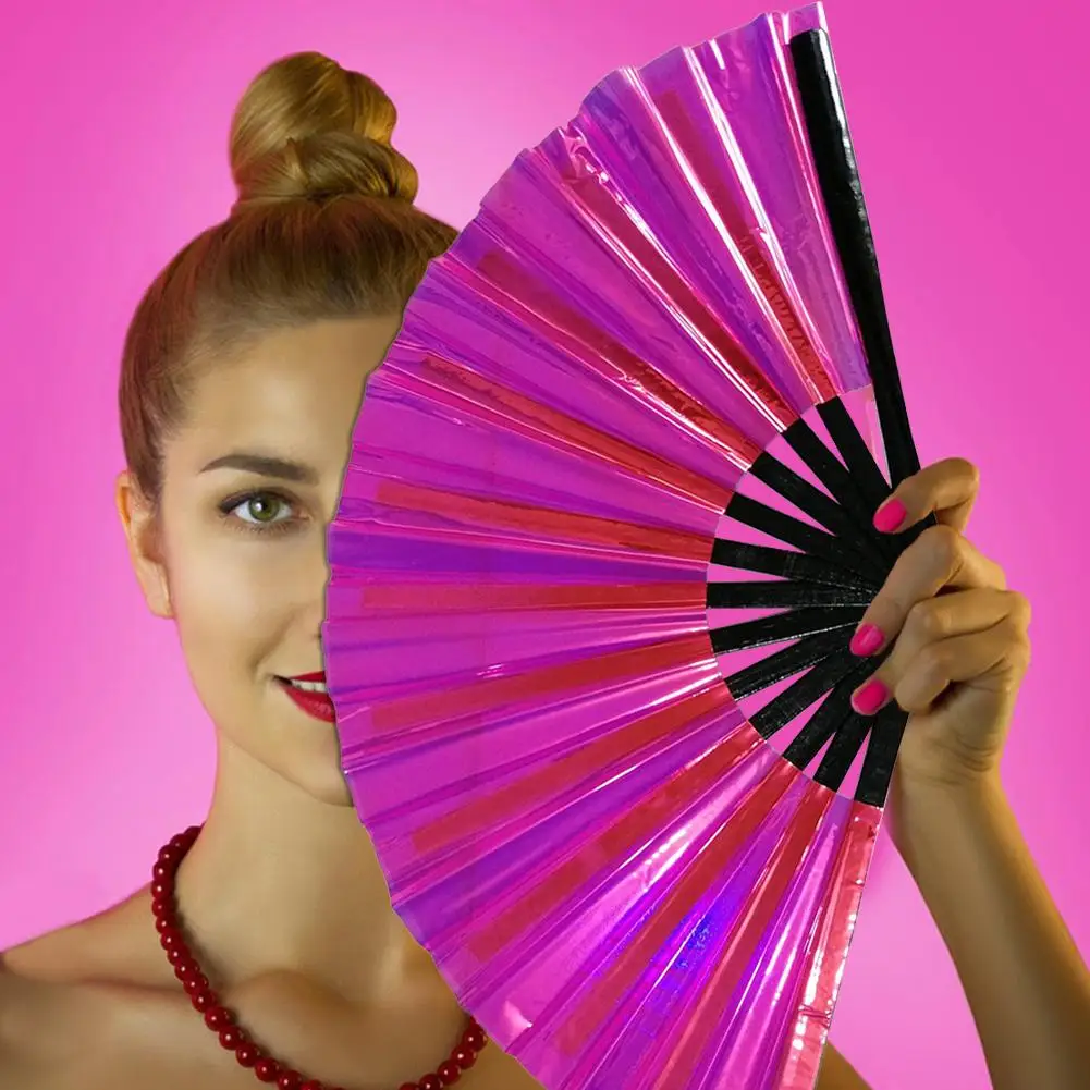 Folding Fan Hand Fan Large Folding Holographic Clack Fans For Line Dancing Laser Colors Hand Rave Fan Fan For Club Party Dance