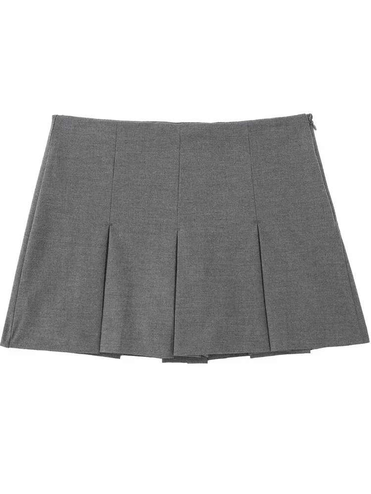TRAF Grey Pleated Skirt Shorts Women Striped Bermuda Shorts Woman High Waist Casual Mini Shorts Harajuku Fashion Women\'s Skort