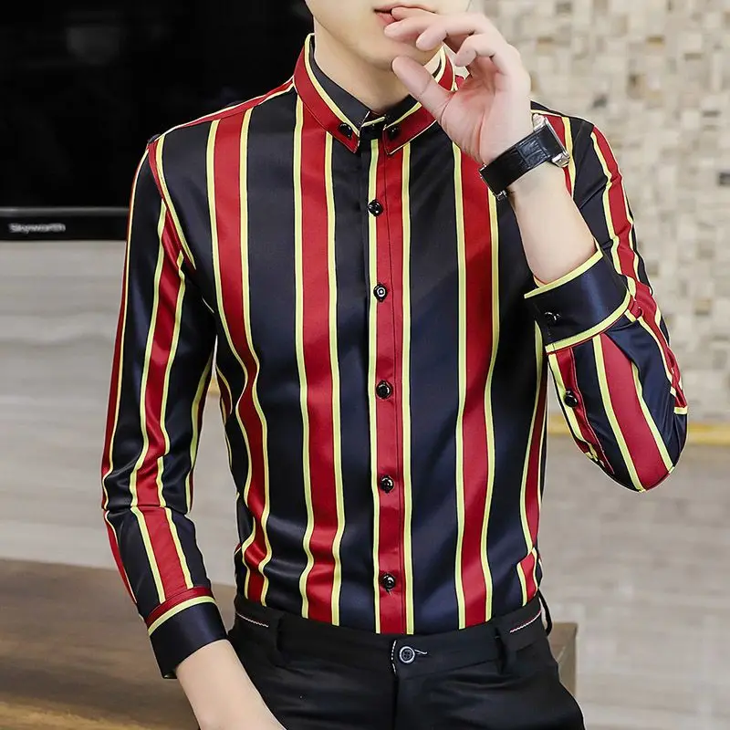 

High Quality Men’s Spring&Autumn Fashion Stripe Handsome Korea Version Long Sleeve Casual Shirts Slim-fit All Match Shirt;