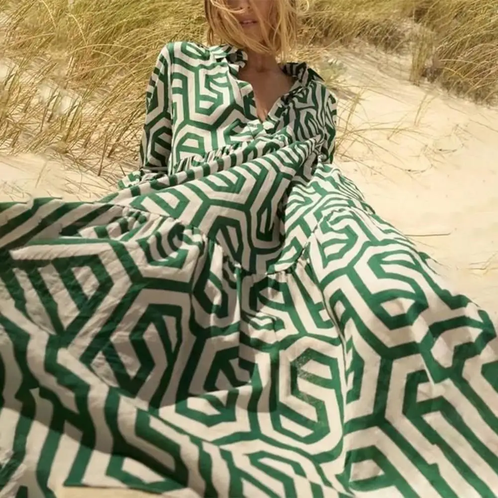

Women Casual Print Full Sleeves Dress Ladies Vintage Turn Down Collar Pleated Dresses 2022 Summer Female Fashion Midi Robe