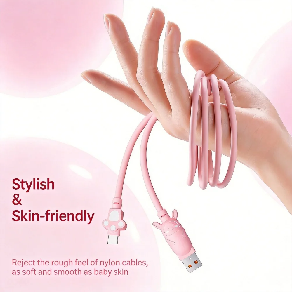 Cute Rabbit Fast Charging USB-C Cable - Pink, Skin-Friendly with Reinforced Durability and 480Mbps Data Transfer