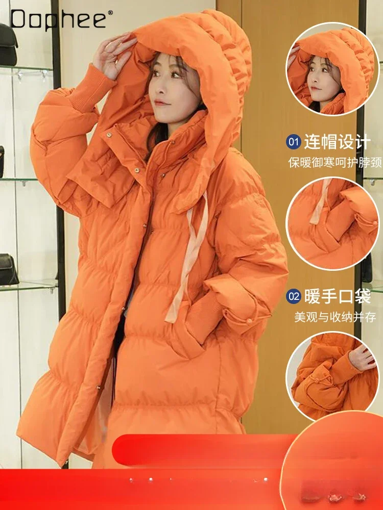 Winter Warm Hooded Orange Mid-Length Down Jacket Female 2023 New Popular Woman Loose Long Sleeve Thickened White Duck Down Coat
