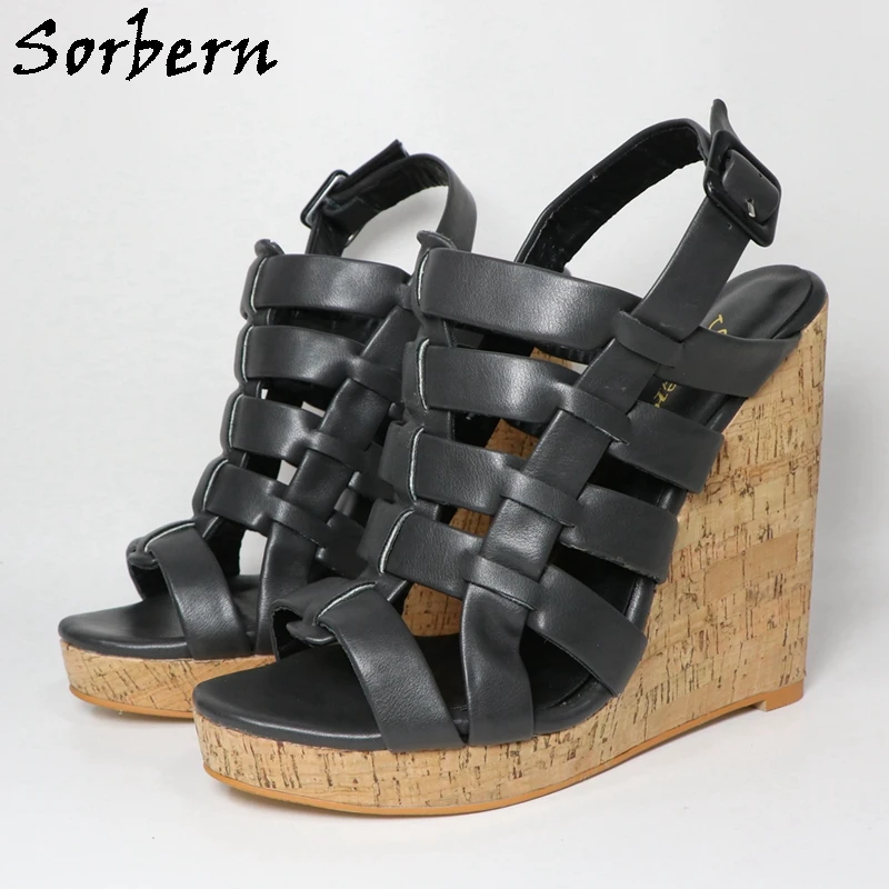 Sorbern Black Matte Wedge Sandals For Women Multi Straps Slingback Cork Platform Summer Shoes Multi Colors