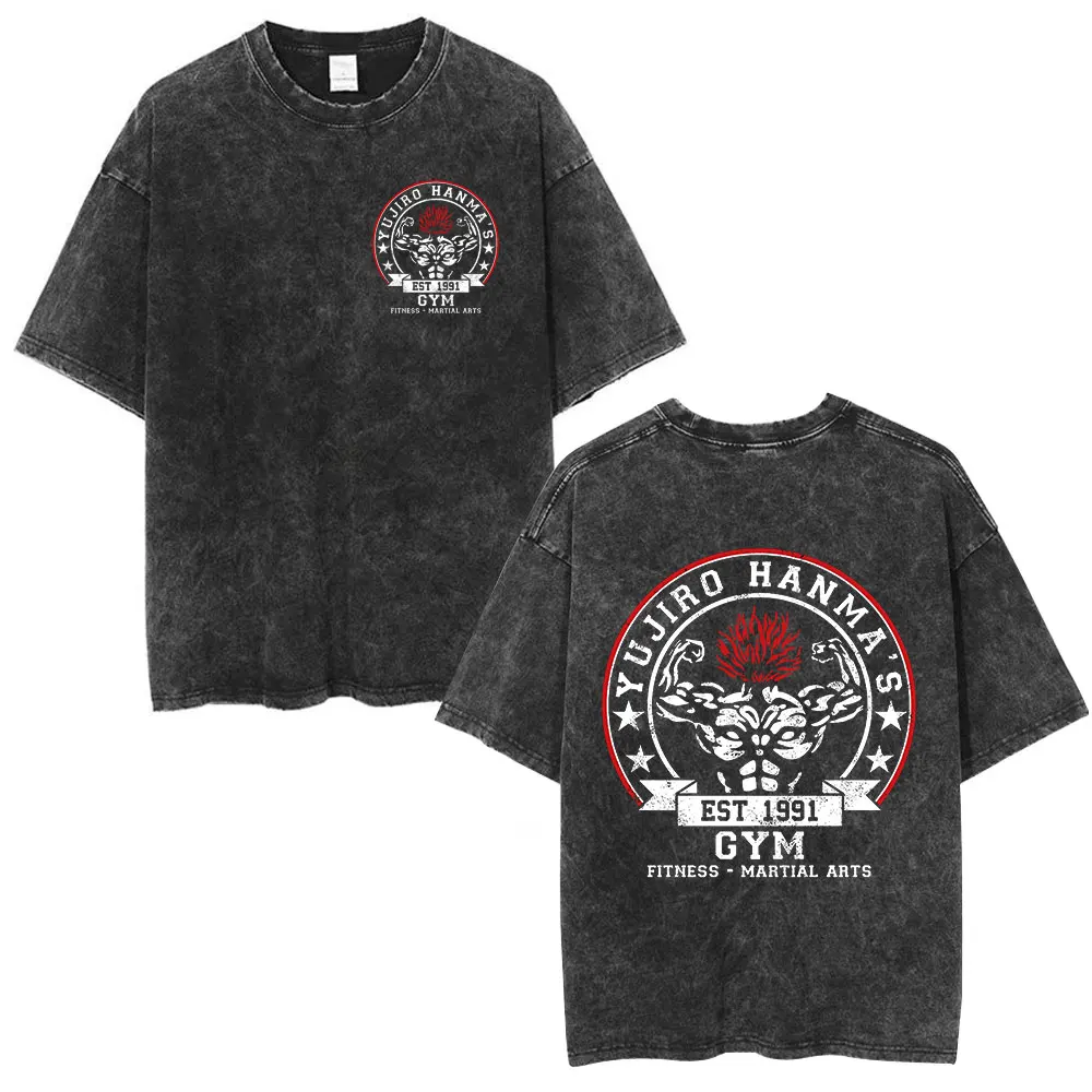 Vintage Washed T Shirt Anime Baki The Grappler T-shirt Hanma Yujiro Gym Short Sleeve T-shirts Oversized Cotton Casual Tee Shirt 4