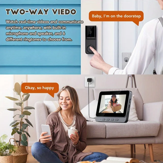Wireless Intercom Doorbell with Screen HD Video Smart Home Monitor Night Vision Two-Way Audio Security doorbell Visual camera 3