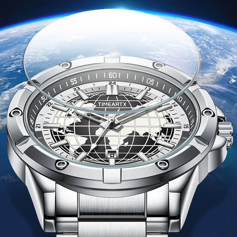 Men's Stainless Steel Waterproof Luminous Quartz Watch - World Map Dial, Military Business Style by TIMEARTX