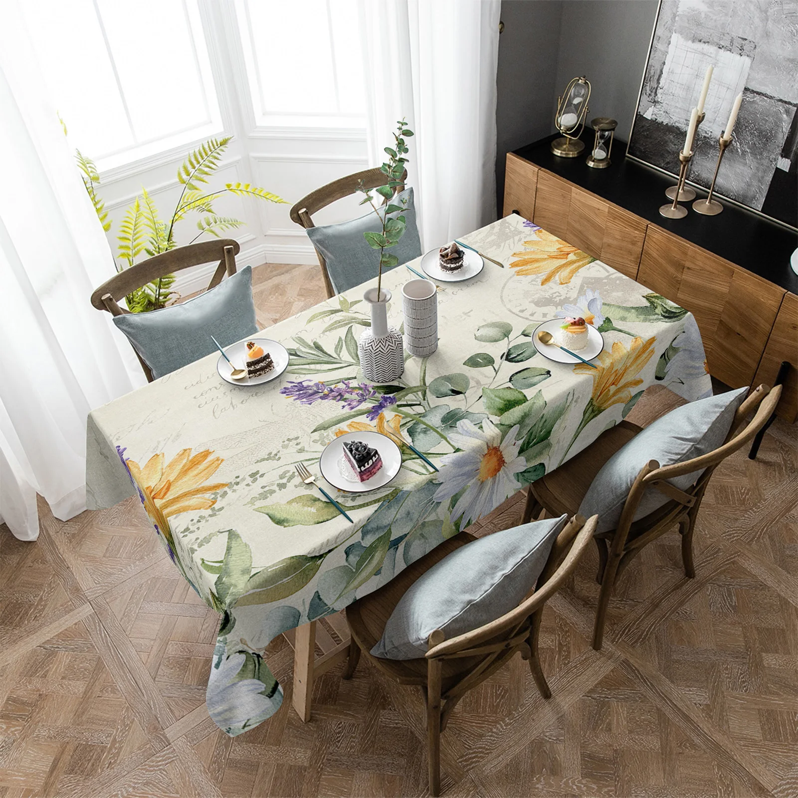 

Flowers Daisy Lavender Rectangle Tablecloth Party Decoration Waterproof Dining Table Round Tablecloths Kitchen Home Decoration