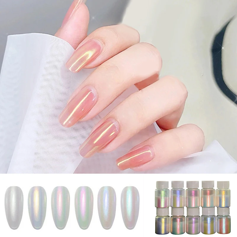 10g/Bottle 6 Color Pearlescent Aurora Chrome Nail Powder Iridescent Shell Powders Holographic Mirror Effect Nail Pigment Dust 3