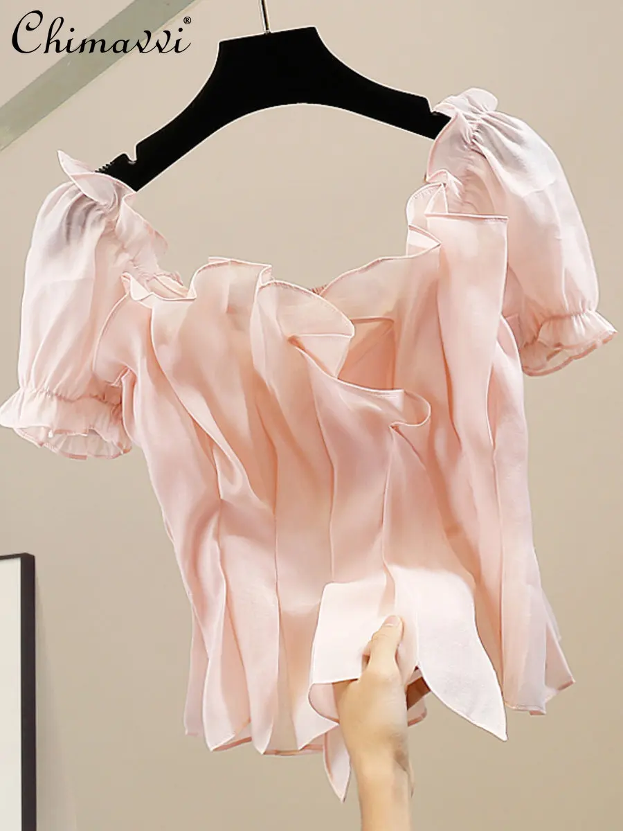 

Fashion Pleated Off-Neck Sexy Backless Skinny Short-Sleeved Shirt 2023 Summer New All-Match Slim-fit Elegant Top Women's Blouse