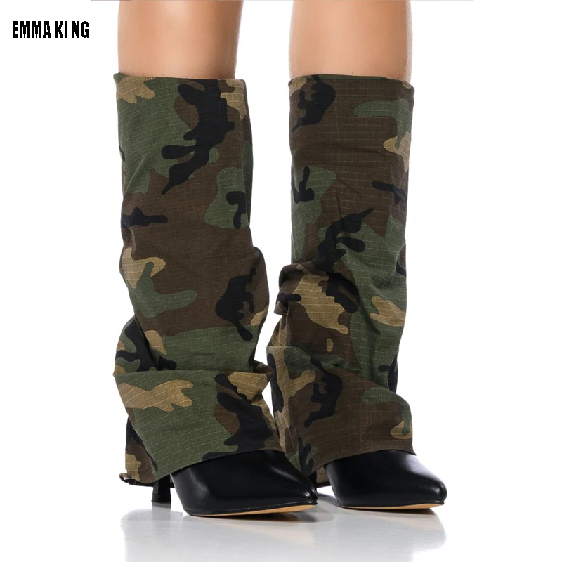 

New Camouflage Denim Knee Boots 2023 Fall Women Pointed Toe High Heel Designer Shoes Street Style Hot Girl Long Pants Boats 44