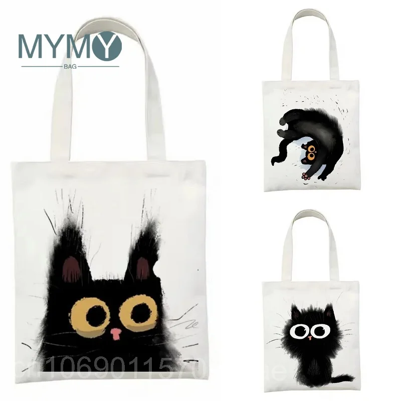

Холщовая Сумка для женщин, смешной многоразовый тоут для покупок с принтом черного кота, складная Повседневная сумка для школьников и учебников для девушек