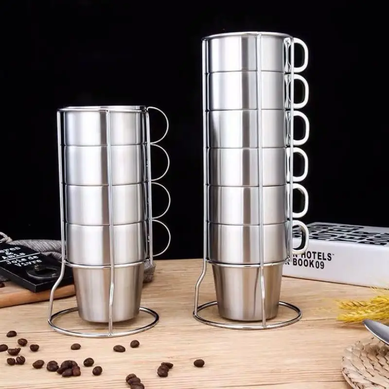 

6Pcs/Set Stainless Steel Stackable Water Coffee Cup Set With Cup Holder Stand Reusable Double Layer Anti Scald Coffee Cup|Teacup