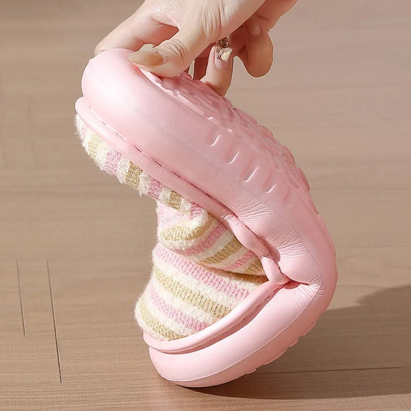 Soft Sole Striped Home Cotton Slippers Women Indoor Bedroom Non Slip Fluffy Slides Woman Fleece Lining Warm Plush Slippers