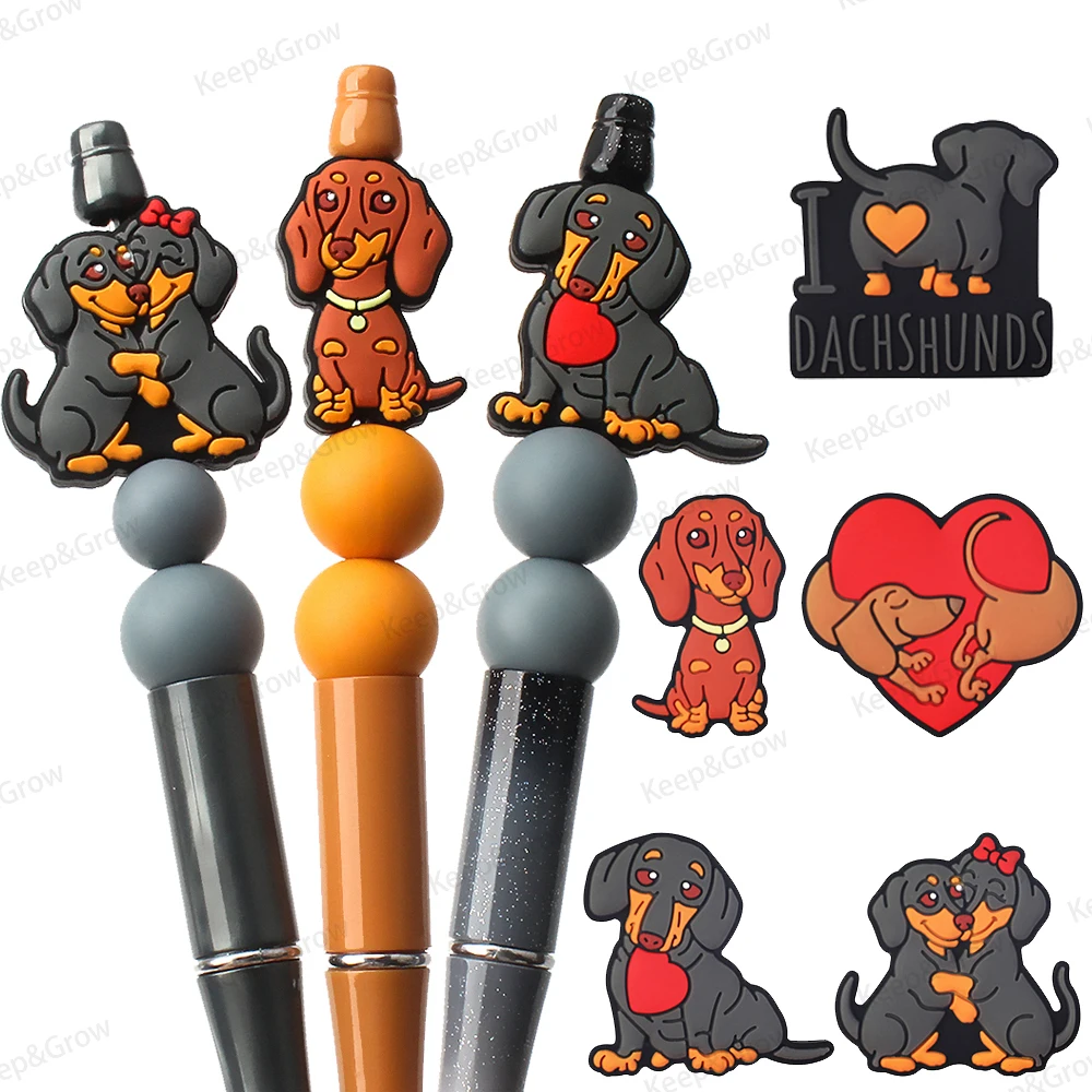 Assorted cute dachshund dog and heart-shaped silicone focal beads for DIY pen making and jewelry crafts.