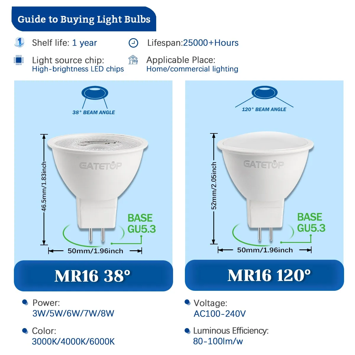 50개입 게이트탑 AC100-240V MR16 LED 전구 GU5.3 자연광 백색 3000K 차가운 백색 6000K 3W 8W 할로겐 상당 60W 램프 가정용 침실용