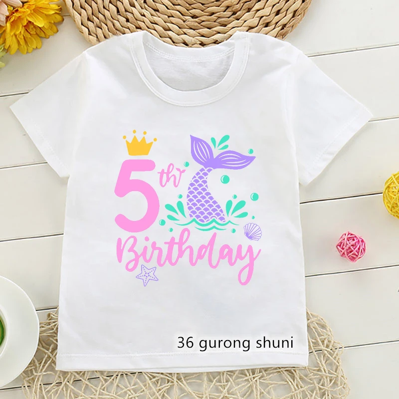 Camiseta Kawaii para niñas, ropa bonita con estampado de número de cumpleaños de sirena, 1, 2, 3, 4, 5, 6, 7, 8, 9, ideal para regalo de cumpleaños