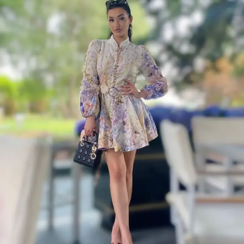 

Women's Dress Printed Long Sleeved Short Dresses Casual Vacation Beach Party Dresses Female Clothing Summer Clothes Women 2024