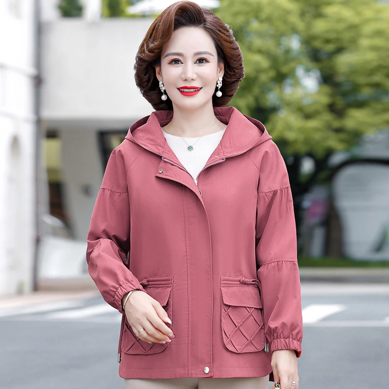 

Spring 2024 Hooded Windbreaker Coats Women's Autumn New Fashion Mom Middle-aged trench Jackets Lady Short Solid Casual Outerwear