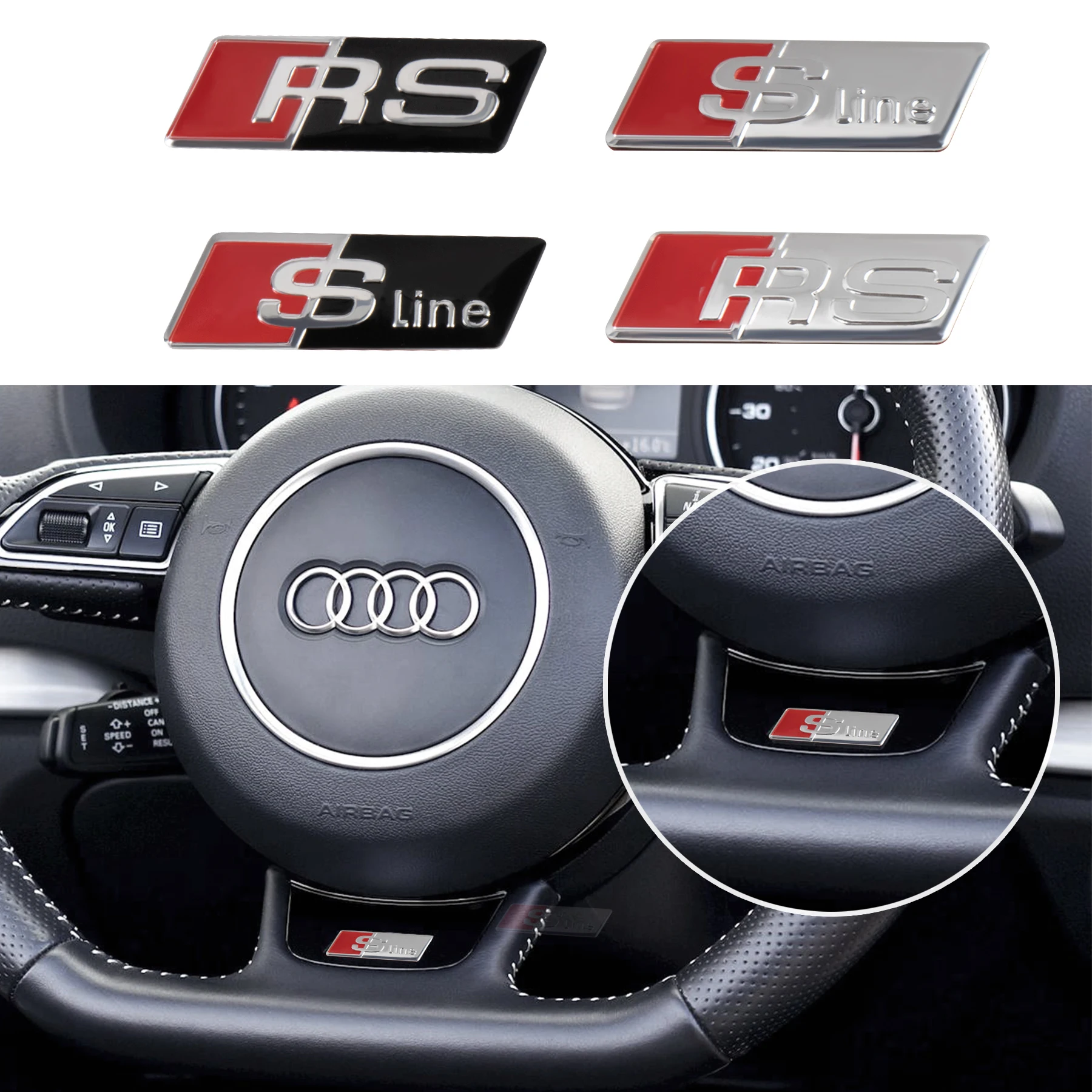 3D Aluminum Car Steering Wheel Sticker SLINE RS Badge Decoration Audi Quattro TT A4 A3 A5 A6 A7 A8 Q3 Q5 Q7 TTRS Accessories