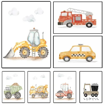 Veicoli ad acquerello Arte della parete Camion da costruzione Auto di emergenza Stampa su tela Decorazioni per la camera dei bambini per ragazzi Asilo nido Decorazioni per la casa per bambini