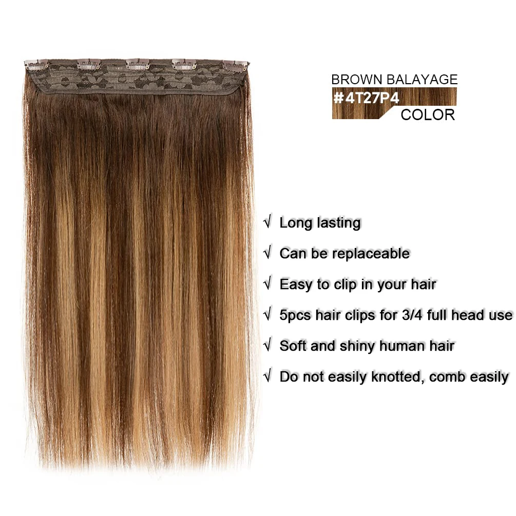 #4/27 Straight Clip In Hair Extensions 100% Human Hair Highlight One Piece 5 Clips 3/4 Full Head Clip In Human Hair Extensions