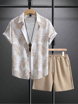 Un elegante modello con stampa vegetale Camicia con risvolto a maniche corte e pantaloncini con coulisse Abito casual da uomo in due pezzi alla moda estiva 1