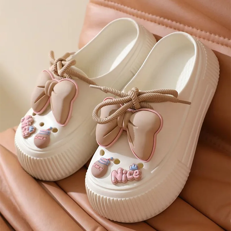 New Summer Women's Hole Shoes Cute Bow Thick Sole Anti Slip Resistant Women's Baotou Slippers for Home Outdoor Garden Shoes