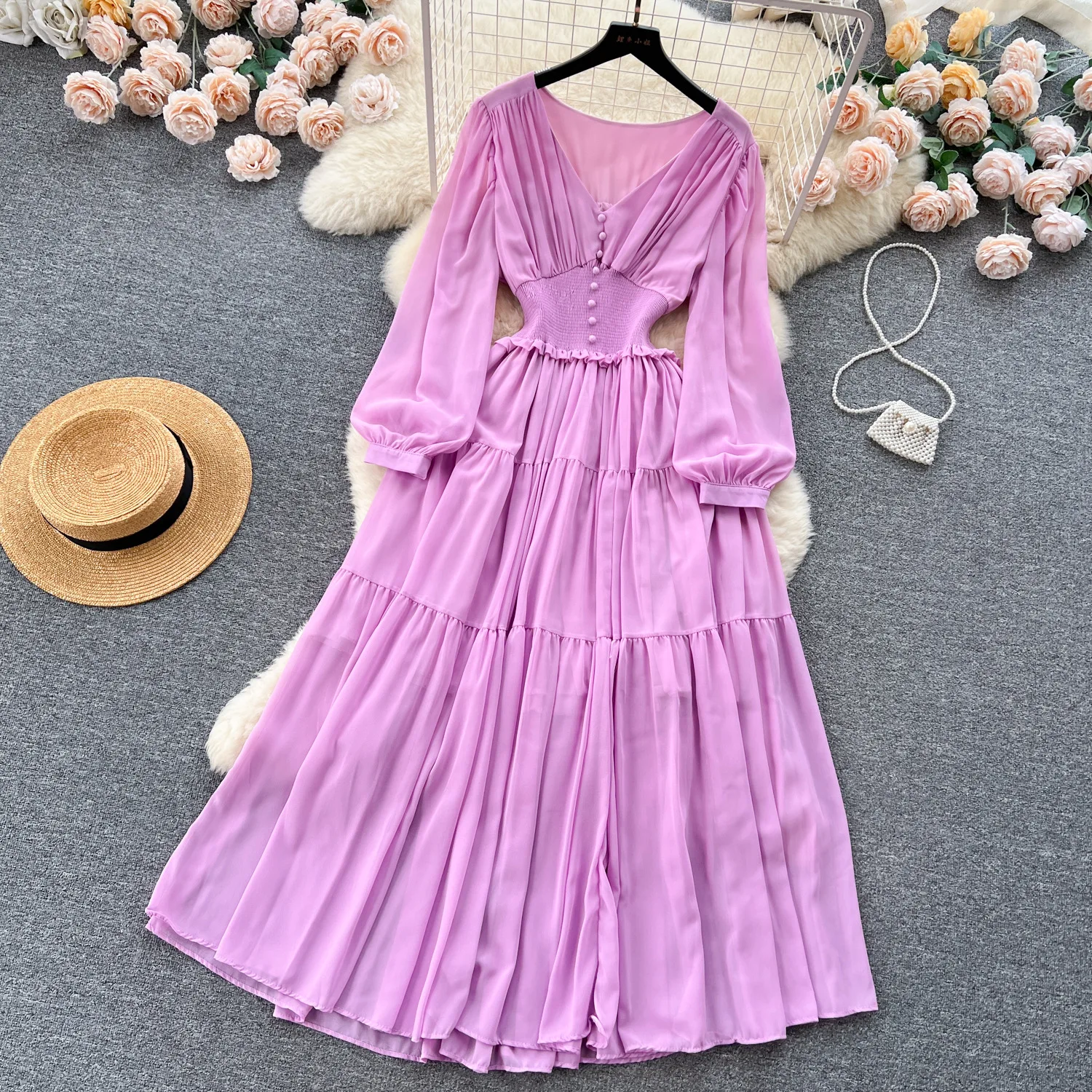 Vintage Chiffon Long Dress Women Elegant V-neck Long Sleeved Casual Dresses French Pleated Slim A-line Long Robe Vestidos
