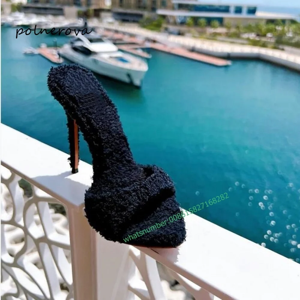 

Newest Fur One Strap Slippers Solid Pointy Toe Stiletto Heel Slipper Daily Party Shoes for Women 2023 Winter Warm Fashion Sexy
