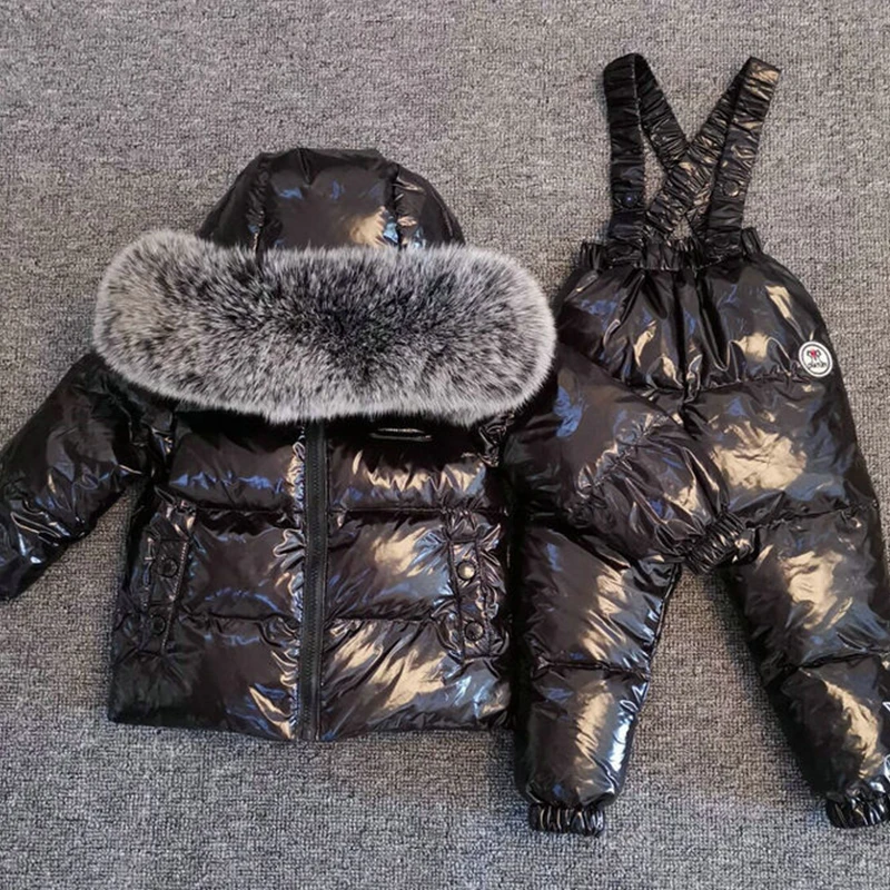 

1-12 Years Kids Ski Snowsuit -30 Degree Russian Winter Boy Down Jacket Real Fur Waterproof Outerwear Coat Girl Winter Overalls