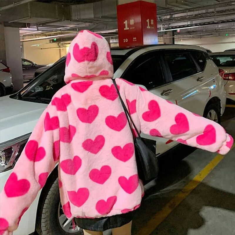 

Y2K стильные розовые толстовки с принтом сердца Harajuku большие толстовки женские винтажные укороченные топы на молнии повседневные теплые милые куртки с капюшоном