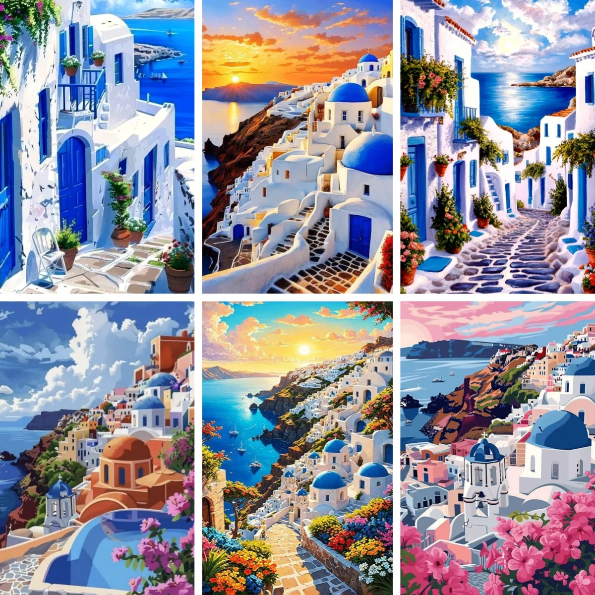 Santorini Travel Diamond Painting By Numbers For Adults Kos Greek Mediterranean Coast Scenery White Houses Blue Dome Roof