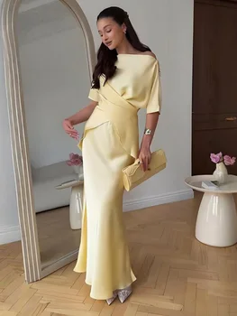 Fashion Yellow Satin Tops Skirt 2 Piece Set Women Lace Up Top High Waist Mermaid Skirt 2025 Summer Sexy New in Matching Suits 1