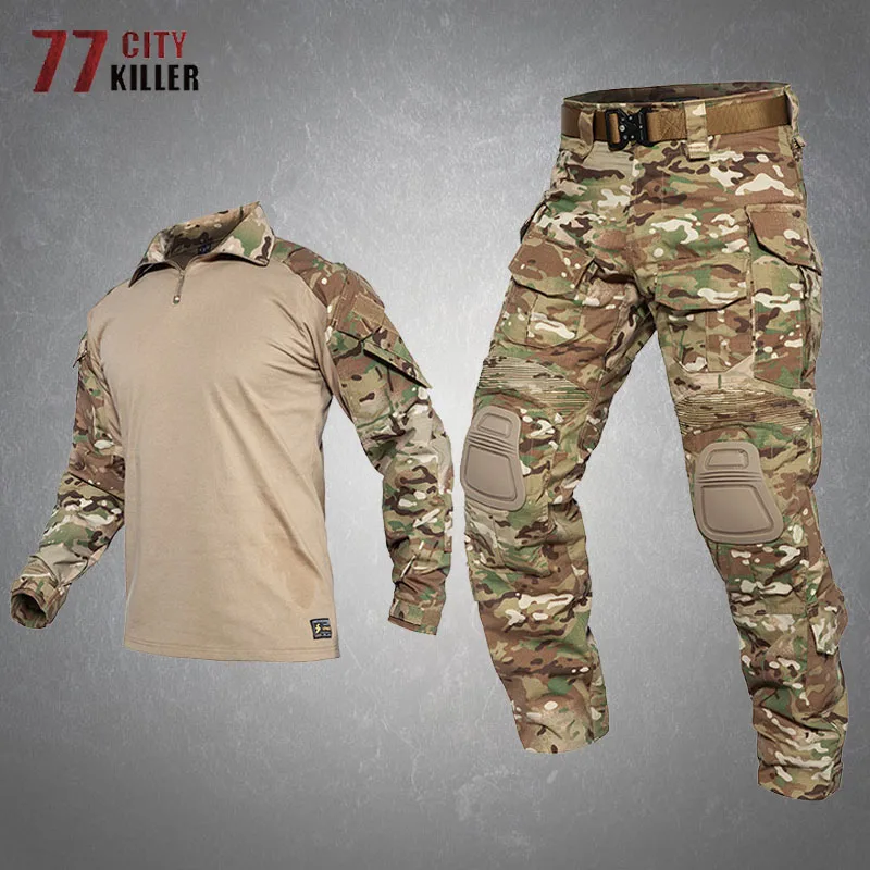

G3 Camouflage Tactical Combat Sets Mens Military Shirts+ Cargo Pants Suits Outdoor Wear-resistant Multiple Pockets Clothes Male