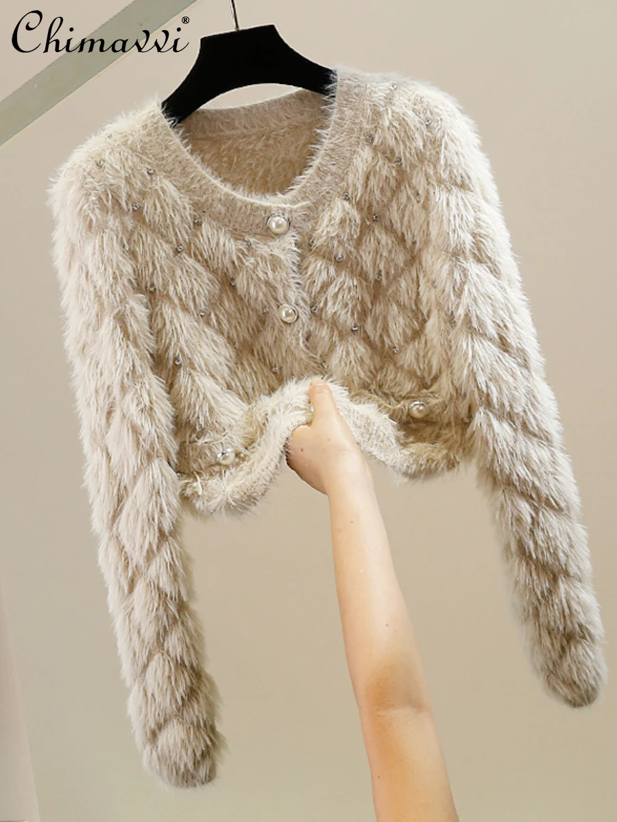 

Heavy Manual Beaded Diamond Plush Single-Breasted Short Long-Sleeved Sweater Autumn Clothes New Fashion Sweet Knitted Cardigan