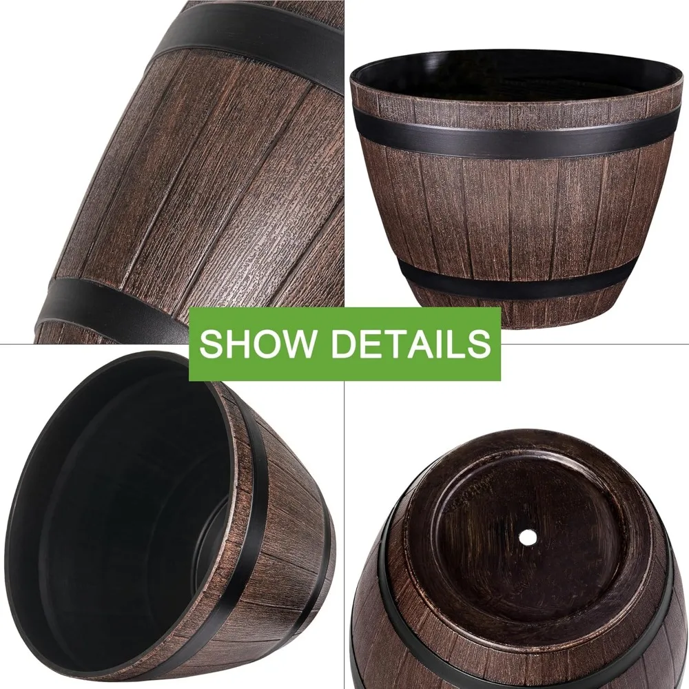 Plant Pots with Drainage Holes & Saucer, 9/11.3/13 Inch Flower Pots with Tray,3 Pack Plastic Whiskey Barrel Planters for Indoor 5