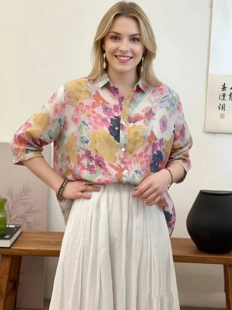 New Turn Down Collar Pattern Women's Half Sleeve Shirt Fashion Vintage Beach Casual Cardigan Single Breasted Blouse